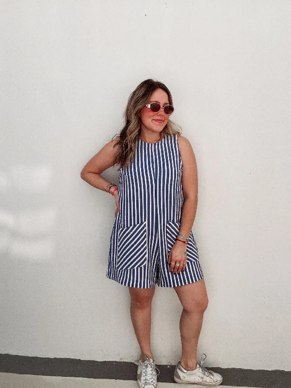 Royal Blue & Cream Pocket Romper Modern Women's 