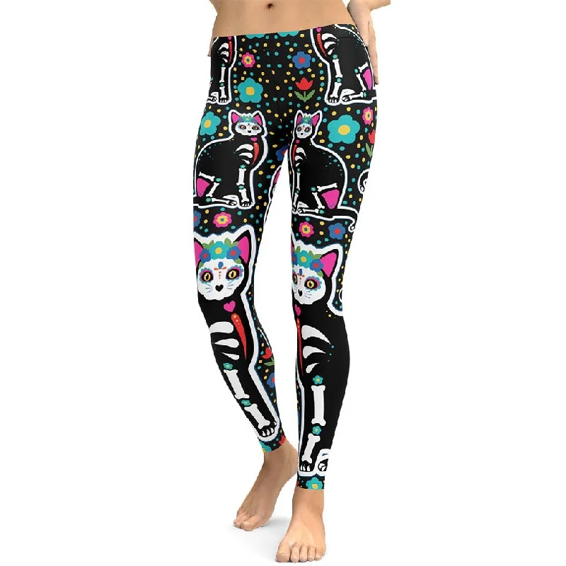 Day of the Dead Cat Print Leggings Cool Women's Skate Cool Women's Skate