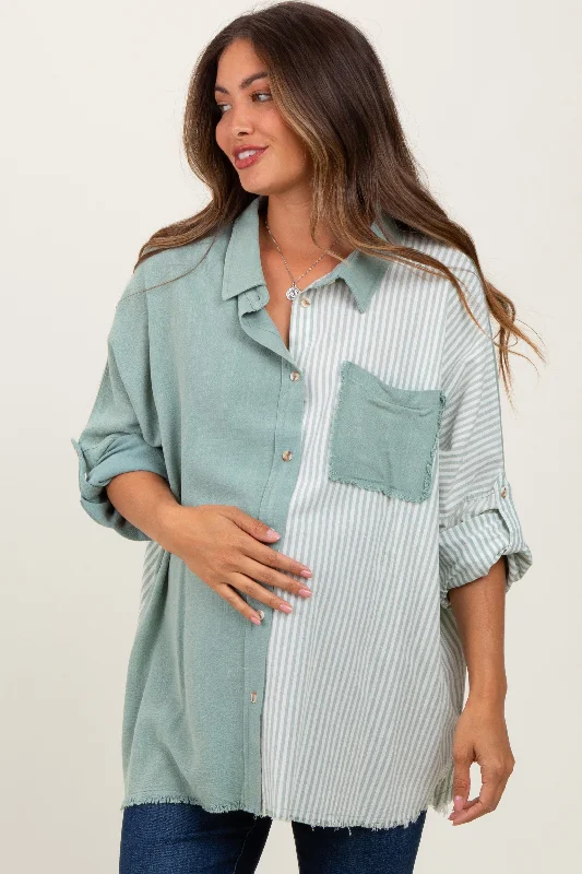 Light Olive Colorblock Stripe Oversized Maternity Button Down Luxurious Women's High -  end