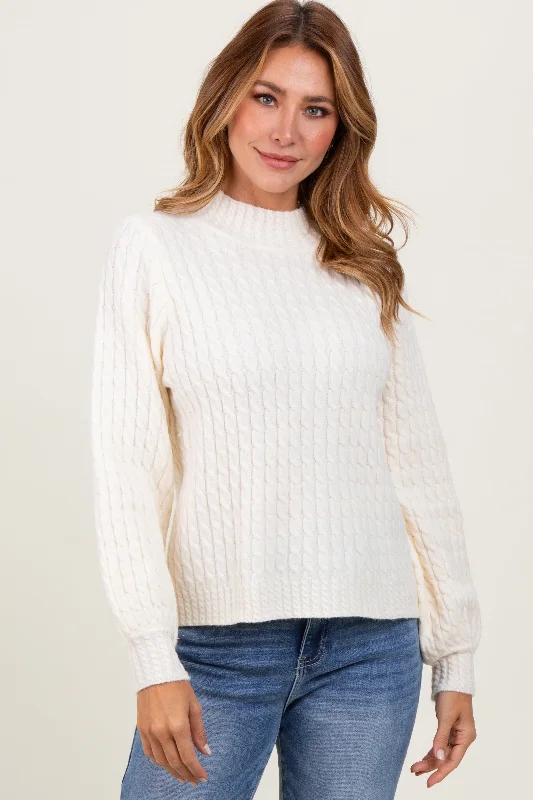 Cream Cable Knit Mock Neck Bubble Sleeve Sweater Luxurious Women's High -  end