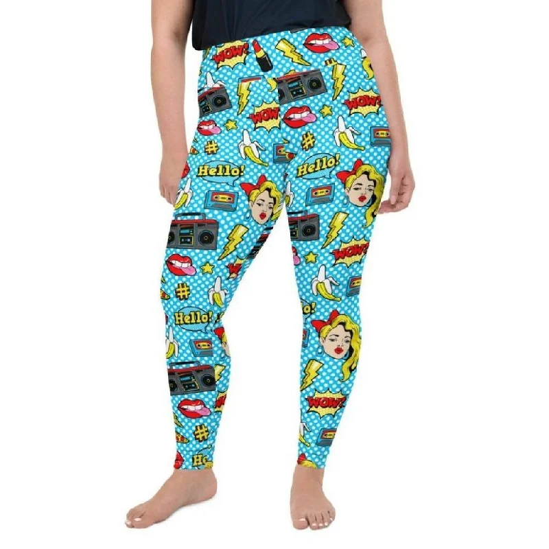 Blue Pop Art Pattern Plus Size Leggings Bold Women's Animal Print