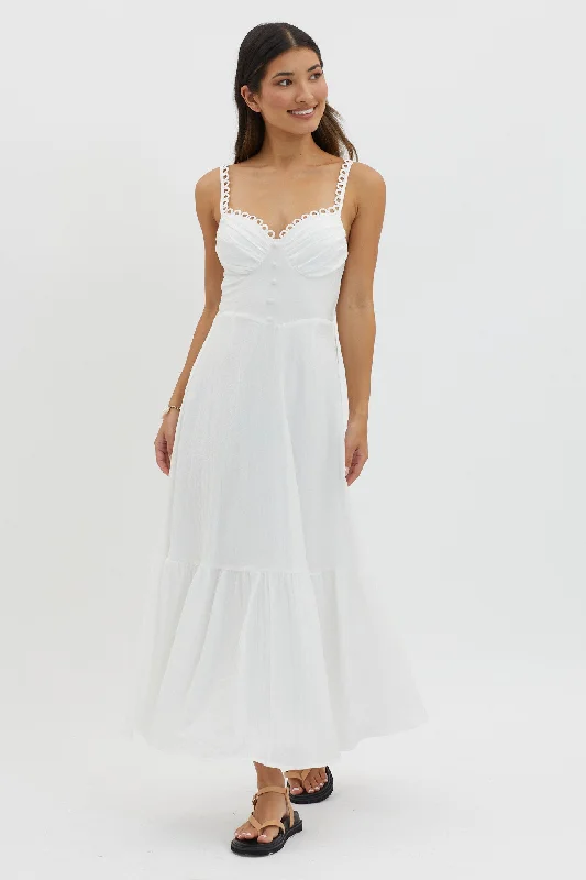 Golden Suns Scallop Trim Midi Dress White Sophisticated Women's 