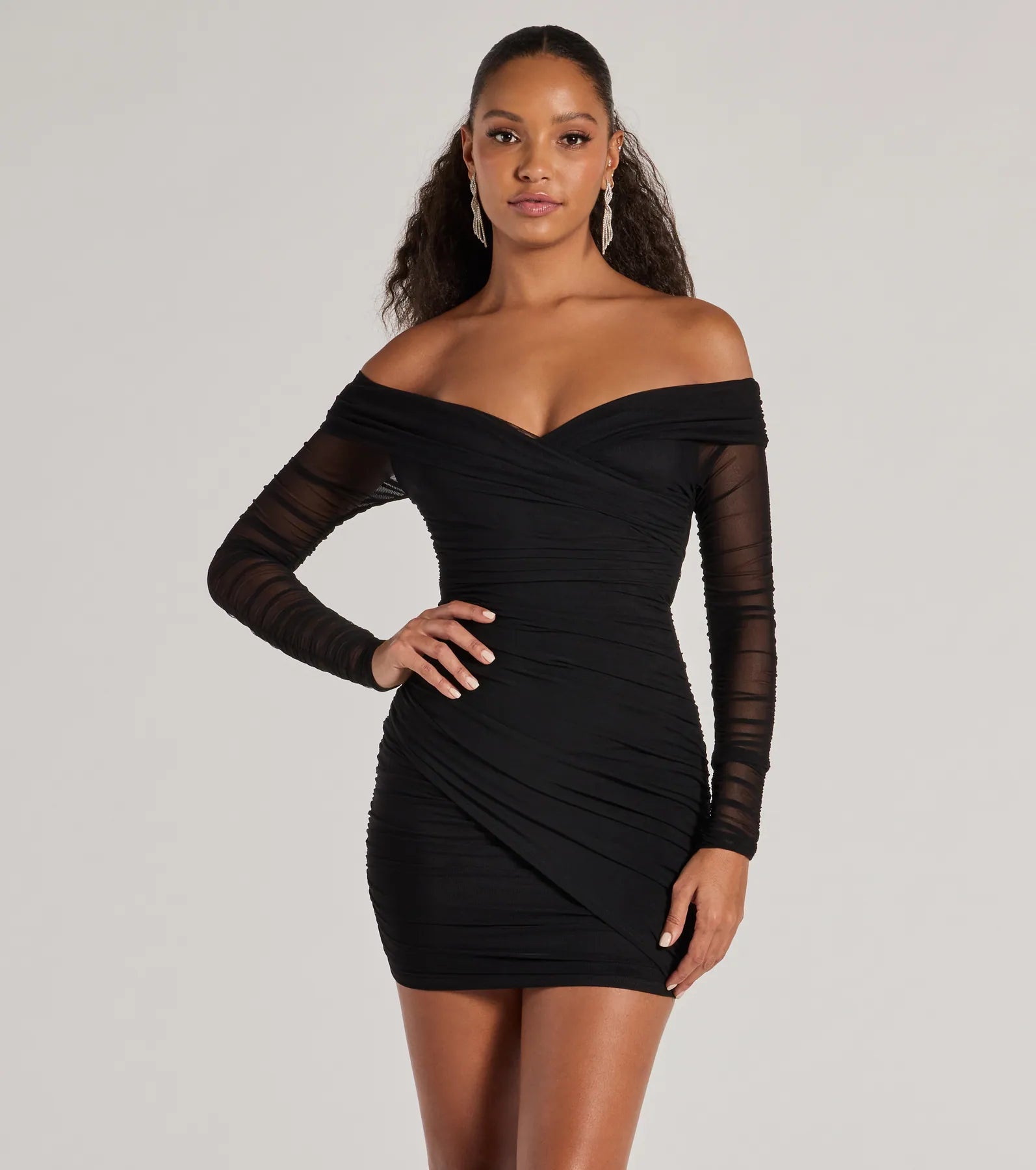 Sultry Looks Mesh Off-The-Shoulder Bodycon Mini Dress Monochromatic All - in - one