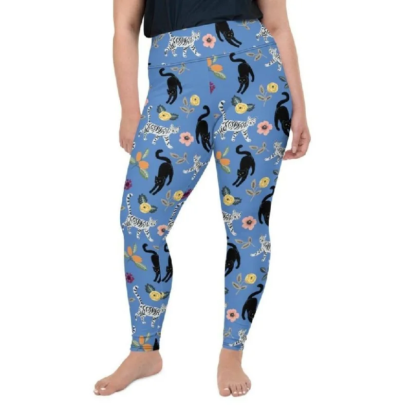 Feline & Flower Pattern Plus Size Leggings Trendy Women's 
