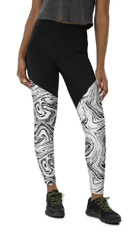Black & White Marble Compression Leggings Trendy Women's Oversized