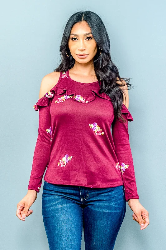 Cold Shoulder 3/4 Sleeve Top with Ruffle Accents and Bright Floral Embroidery  (ET1363) Youthful Women's Pop