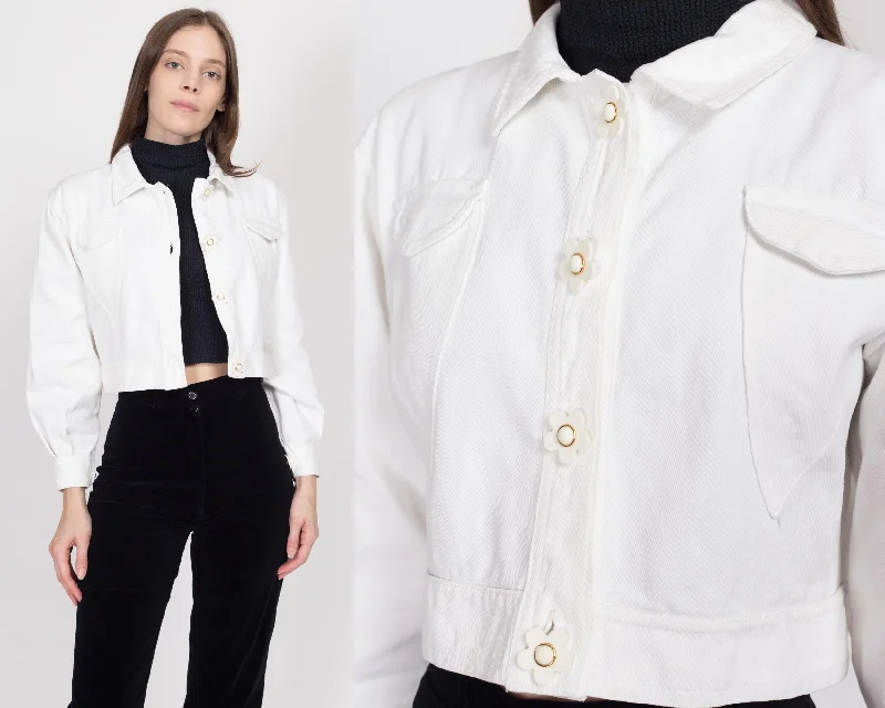 Small 90s White Flower Button Cropped Denim Jacket Bold Women's Animal Print