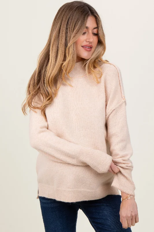 Cream Mock Neck Contrast Seam Maternity Sweater Cool Women's Skate