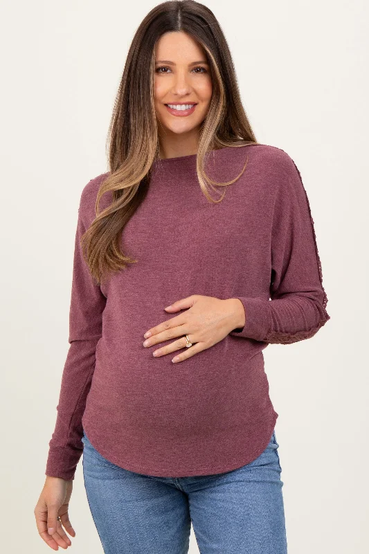 Burgundy French Terry Lace Trim Maternity Long Sleeve Sustainable Organic