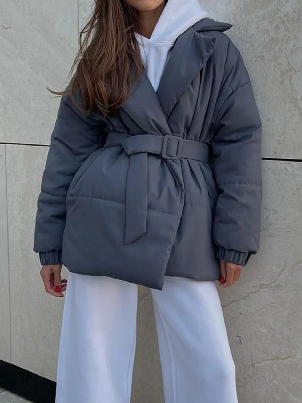 Puffer Long Sleeve Winter Coat with Belt Refined Women's Hand - crafted