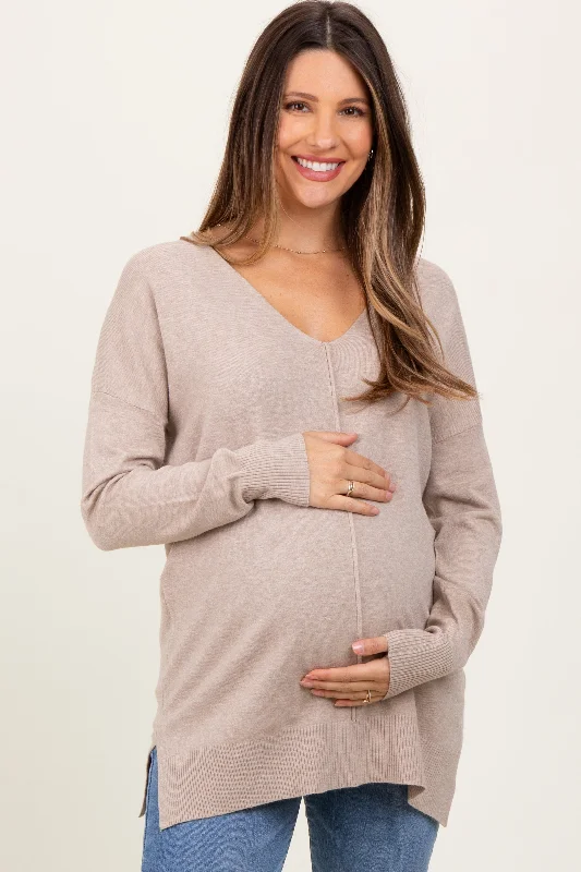 Taupe Front Seam V-Neck Side Slit Maternity Sweater Relaxed Women's Beachy