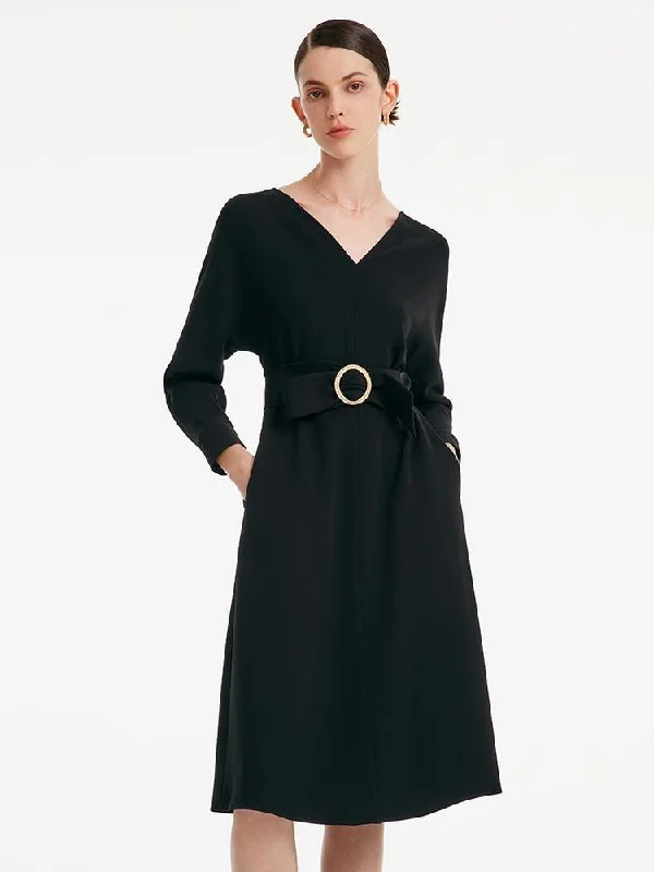 Acetate V-neck Long-sleeved Midi Dress With Belt Bold Women's Animal Print