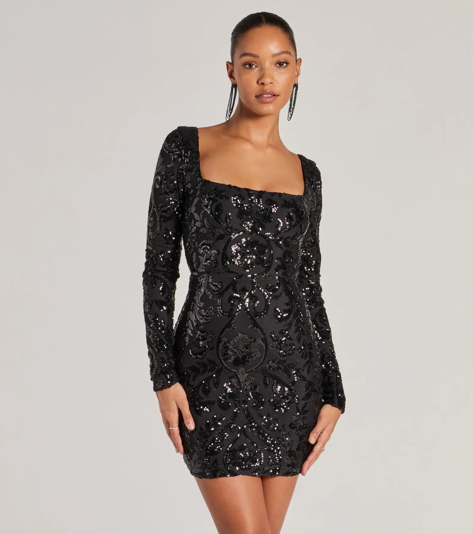 Janine Lace-Up Long Sleeve Bodycon Sequin Mini Dress Dynamic Women's High - energy
