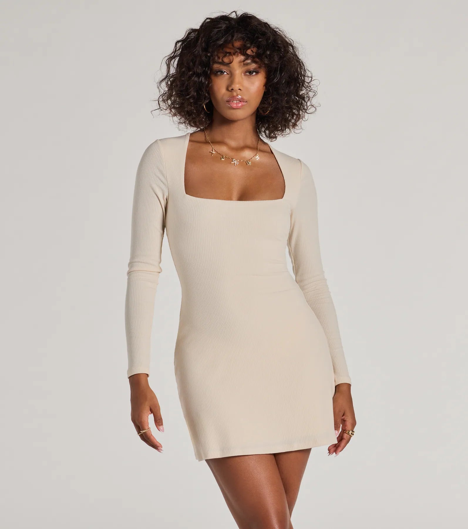 Casual Luxe Long Sleeve Ribbed Knit Mini Dress Gym