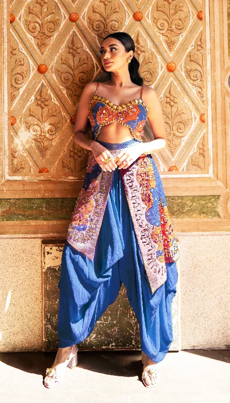 FLAMBE- Blue dhoti jumpsuit with orange printed flowers Traditional Women's Wool