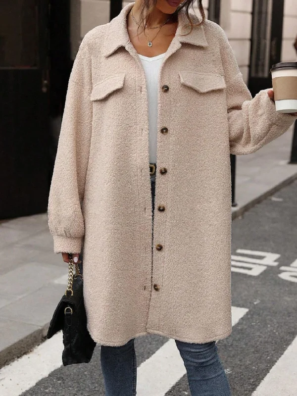 Button Up Drop Shoulder Sherpa Coat Tough Women's Military - inspired