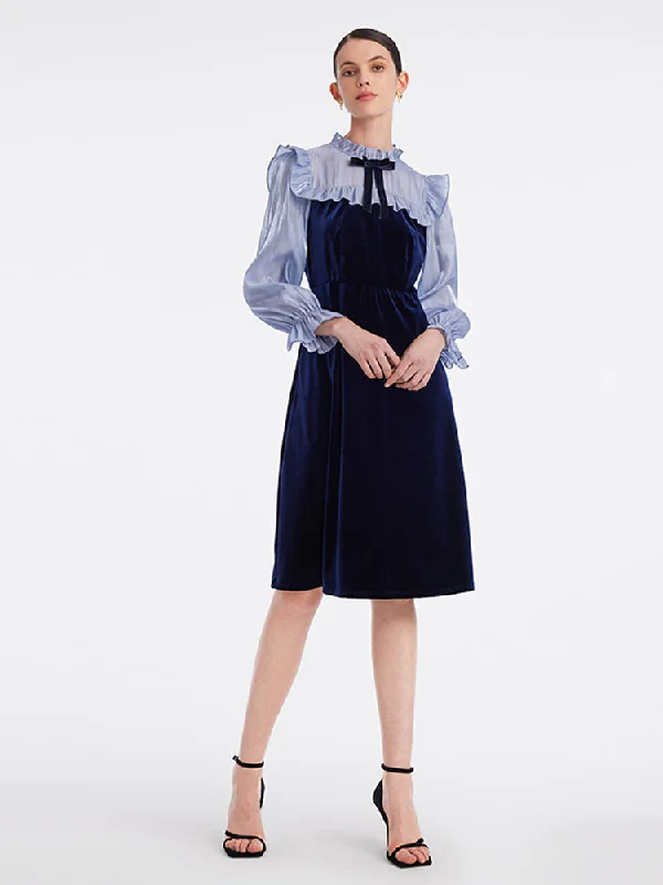 Ruffle Collar Velvet Patchwork Midi Collared Dress Earthy Women's 