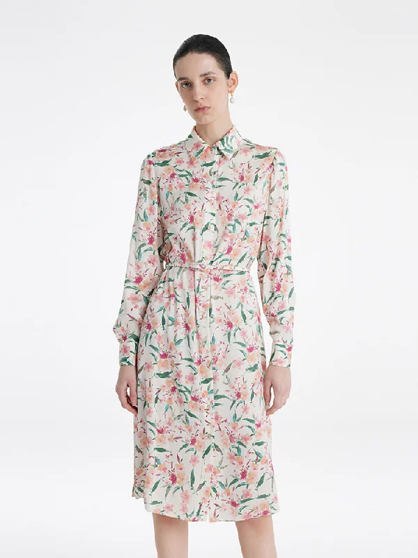 19 Momme Mulberry Silk Floral Print Women Midi Shirt Dress With Belt Artistic Women's Hand - painted
