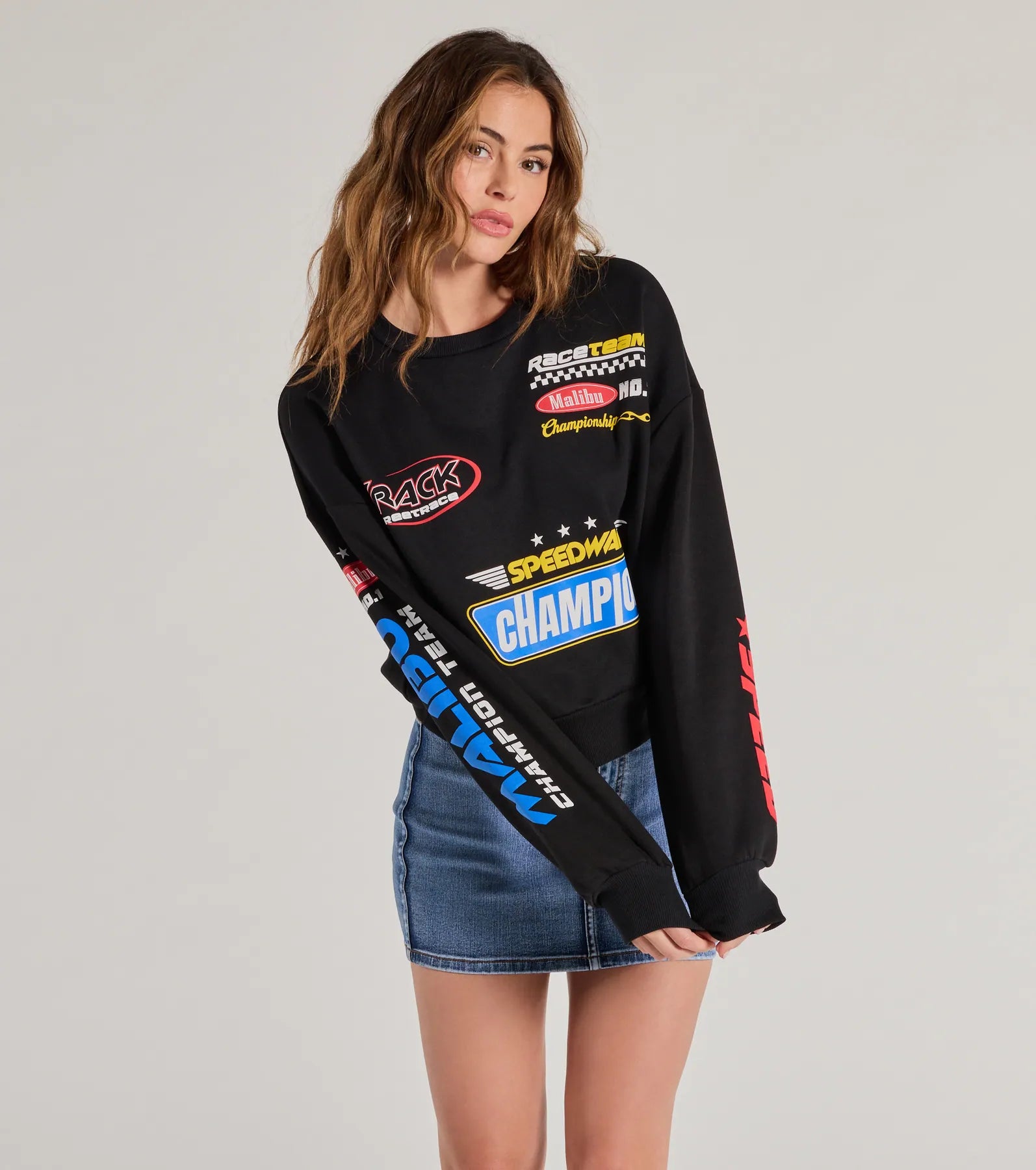 Trendy Moto Graphic Fleece Pullover Sweatshirt Cool Women's Skate