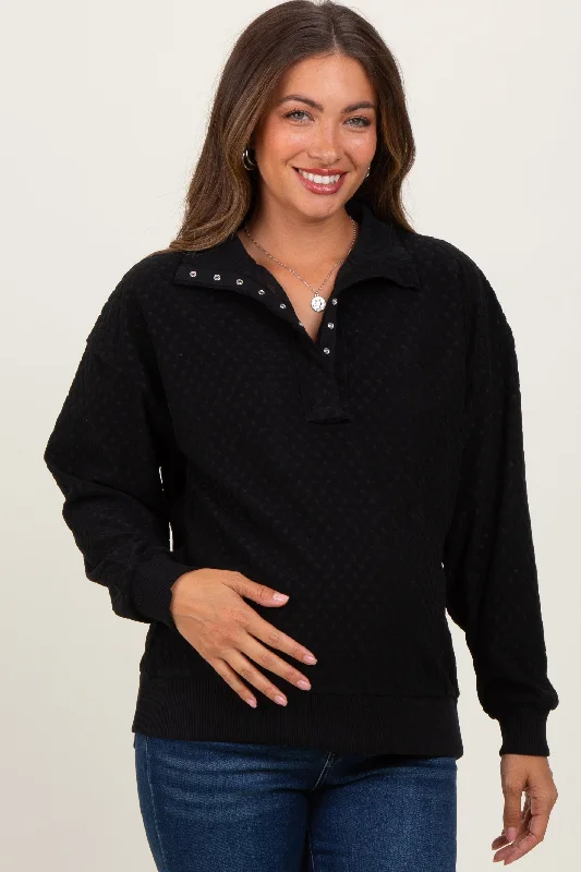 Black Quilted Knit Snap Collar Maternity Pullover Top Modern Women's 