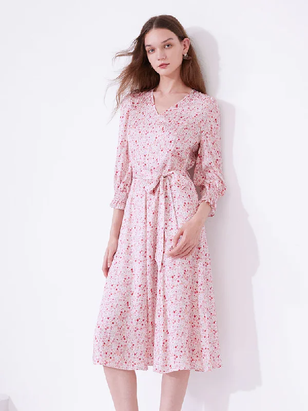 Pink Sweet Cherry Print Midi Dress Stylish Women's Neon