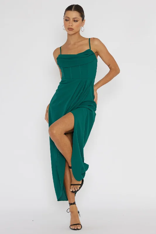 Patrice Draped Neck Split Midi Dress Forest Green Practical Women's Multi - 