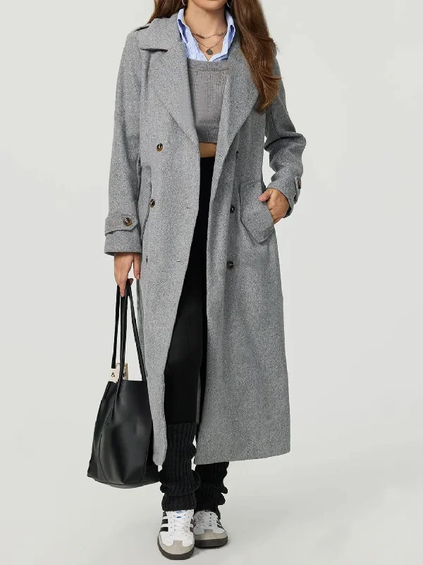 Collared Neck Long Sleeve Longline Coat Sleek Women's 