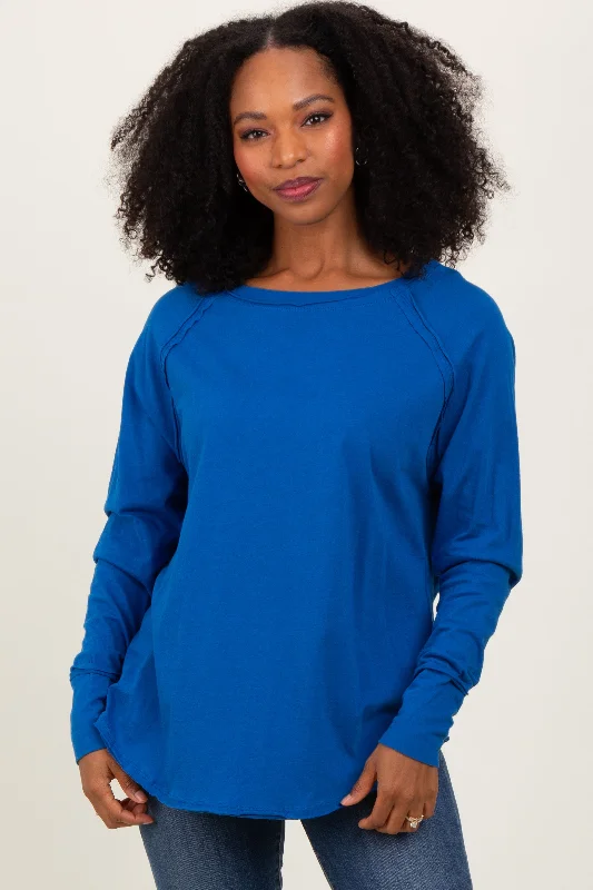 Blue Exposed Seam Thumbhole Long Sleeve Top Modern Women's 