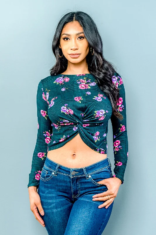 Plaid Floral Long Sleeve Crew Neck Front Twist Detail Crop Top (AD2825) Rugged Women's Outdoor 