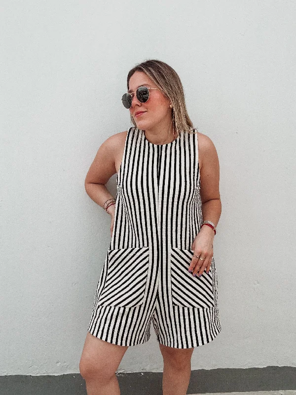 Black & Cream Pocket Romper Hip Women's Retro