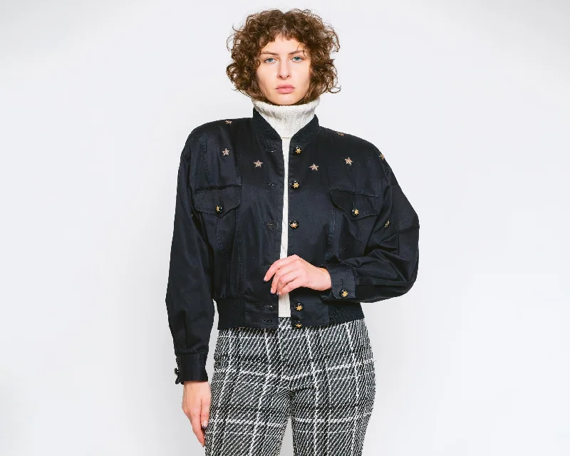 Large 80s Escada Black Star Bomber Jacket Women