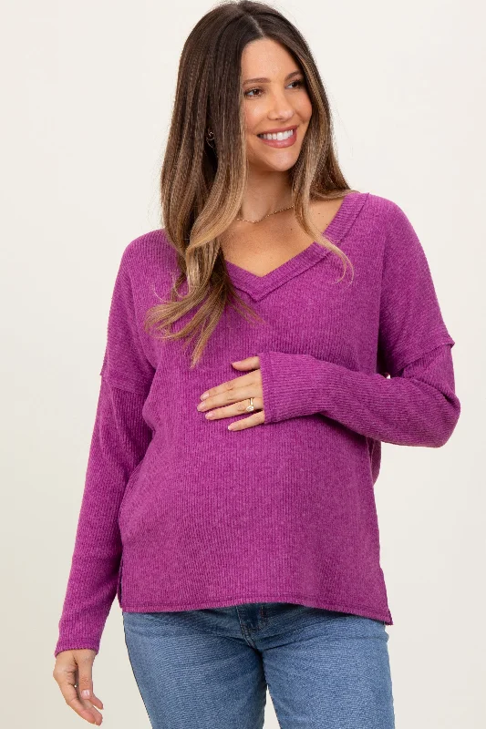 Magenta Ribbed V-Neck Long Sleeve Maternity Top Laid - back Women's Style