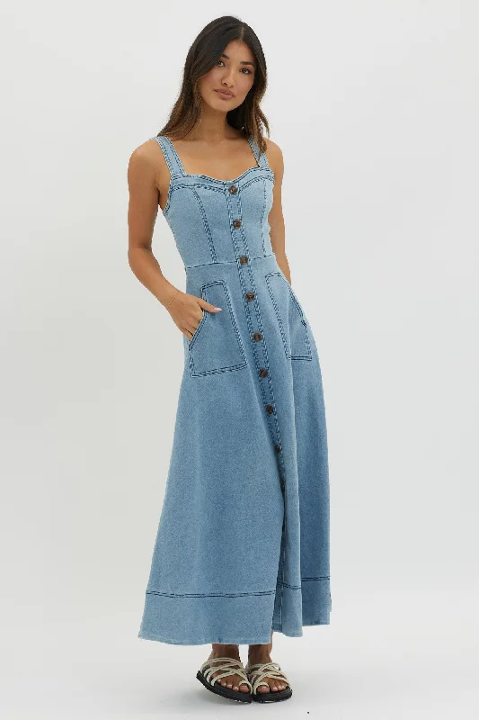 Laureen Pocket Maxi Dress Denim Blue Stylish Women's Tropical 
