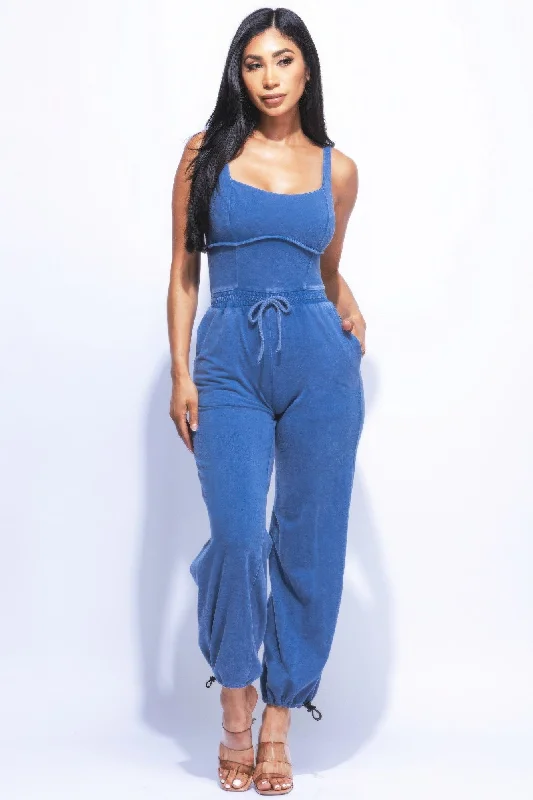 Washed Jumpsuit With Adjustable Ankle Artistic Women's Hand - painted