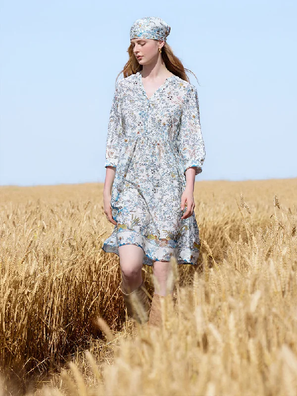 19 Momme Mulberry Silk Print Women Mini Dress With Scrunchie British Gentlewoman Style