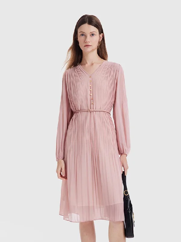 Pink Ruched Midi Dress With Belt Refined Women's Hand - crafted