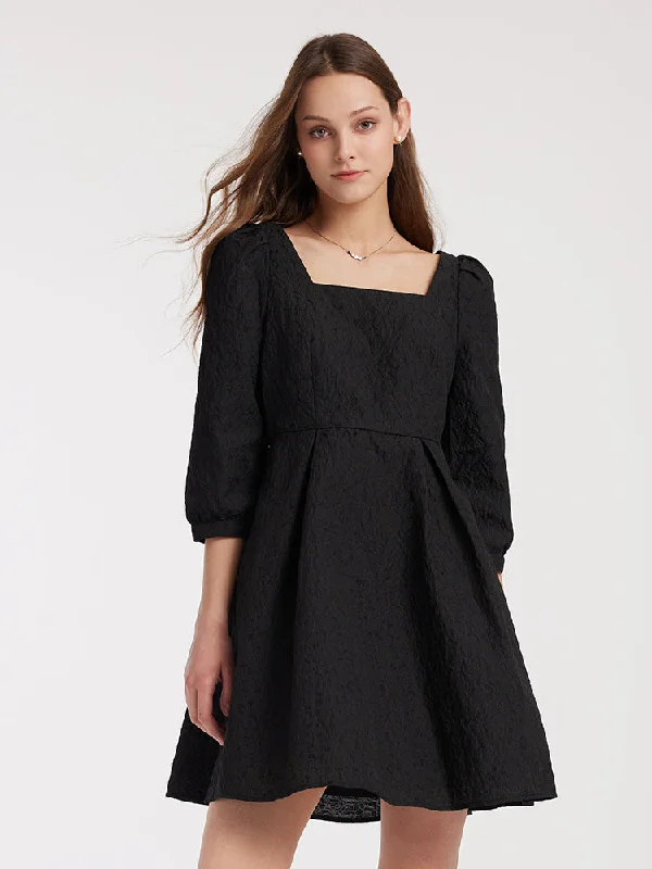 Detachable Bow Jacquard Mini Dress Geometric
