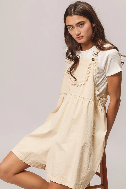 BiBi Back Patch Pocket Lace Trim Rompers Elegant Women's 