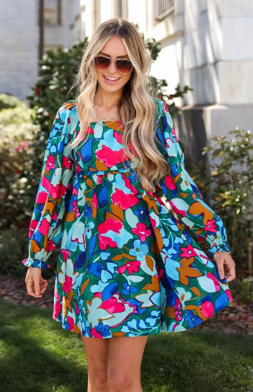 FINAL SALE - Daytime Delights Green Floral Mini Dress Traditional Women's Wool