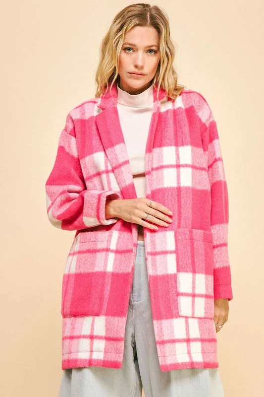 Davi & Dani Plaid Open Front Drop Shoulder Longline Coat Geometric