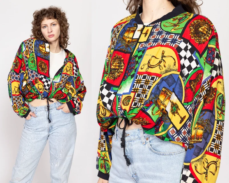 One Size 80s Baroque Print Cropped Bomber Jacket Elegant Women's 