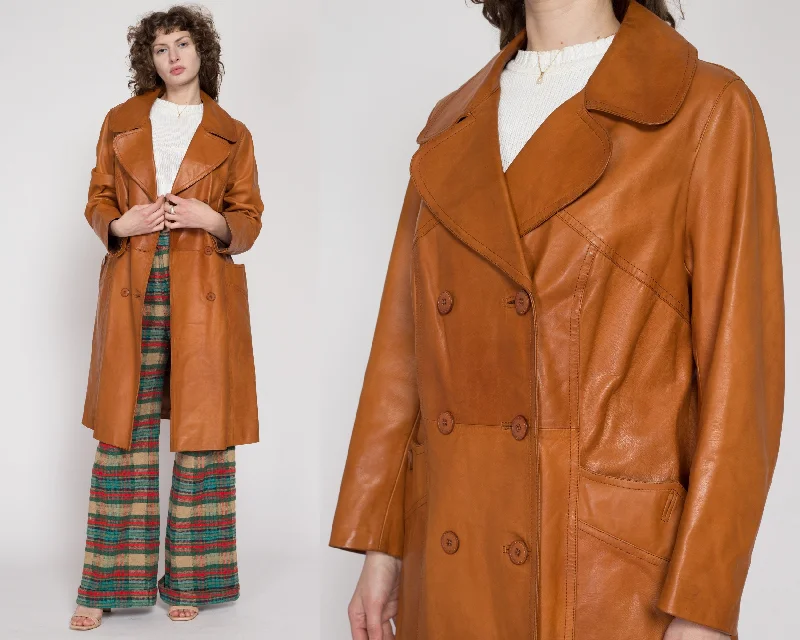 Large 70s Caramel Brown Long Leather Jacket Sporty Women's Athleisure 