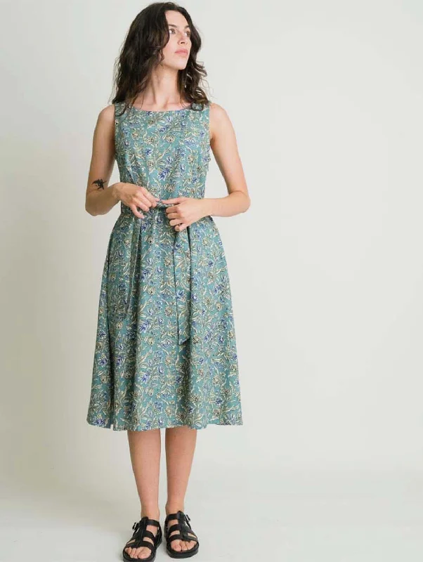 Grace Textured Cotton Swing Dress | Sea Green Print Classic Women's Pin - striped