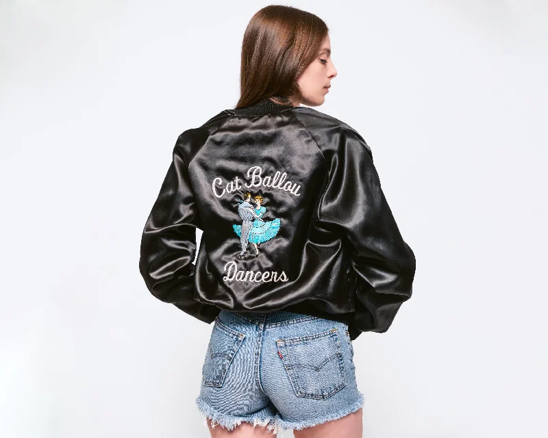 Small 80s Cat Ballou Dancers Black Satin Bomber Elegant Women's Formal 