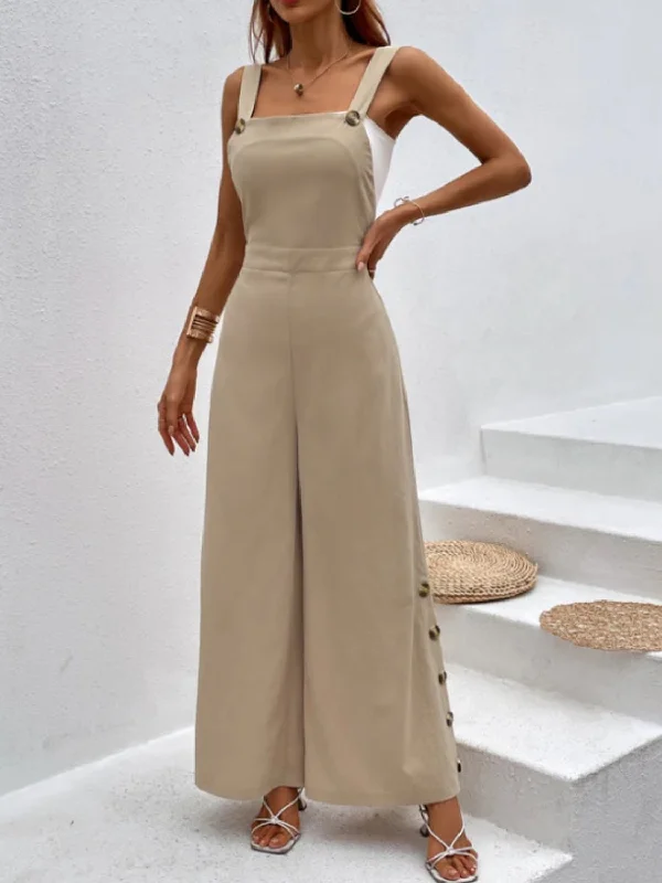 Side Decor Button Wide Leg Overalls Cashmere