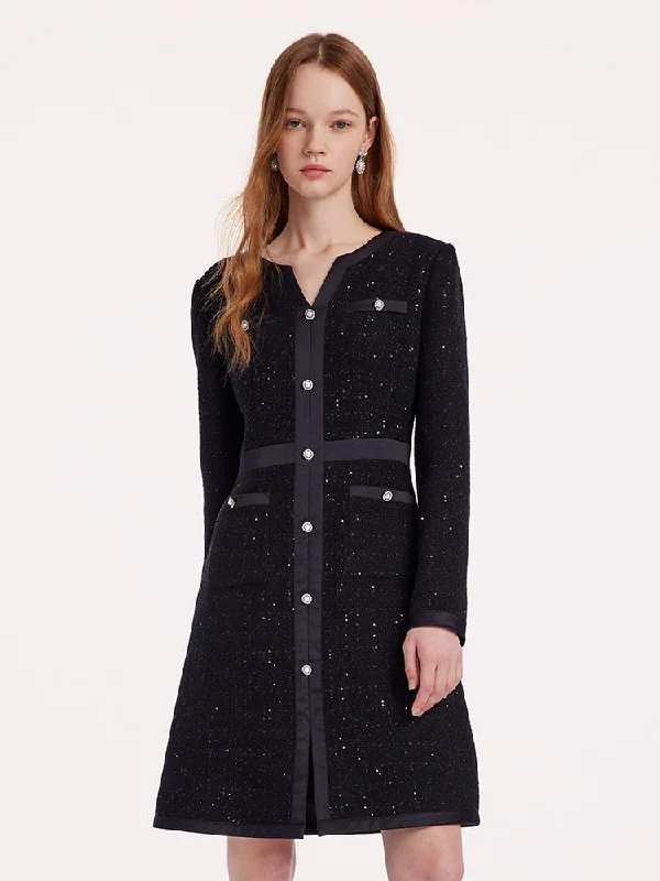 Black Sequins Notched Round Collar Wool Tweed Dress Streetwear Style for 