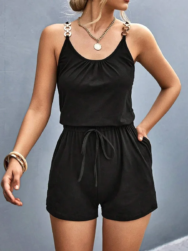 Pocketed Buckle Trim Scoop Neck Romper Traditional Women's Wool