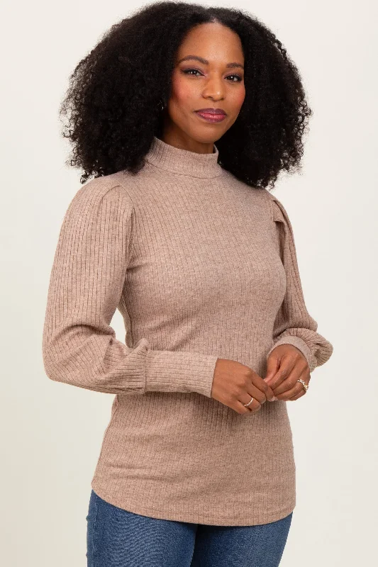 Mocha Ribbed Mock Neck Bubble Sleeve Top Country