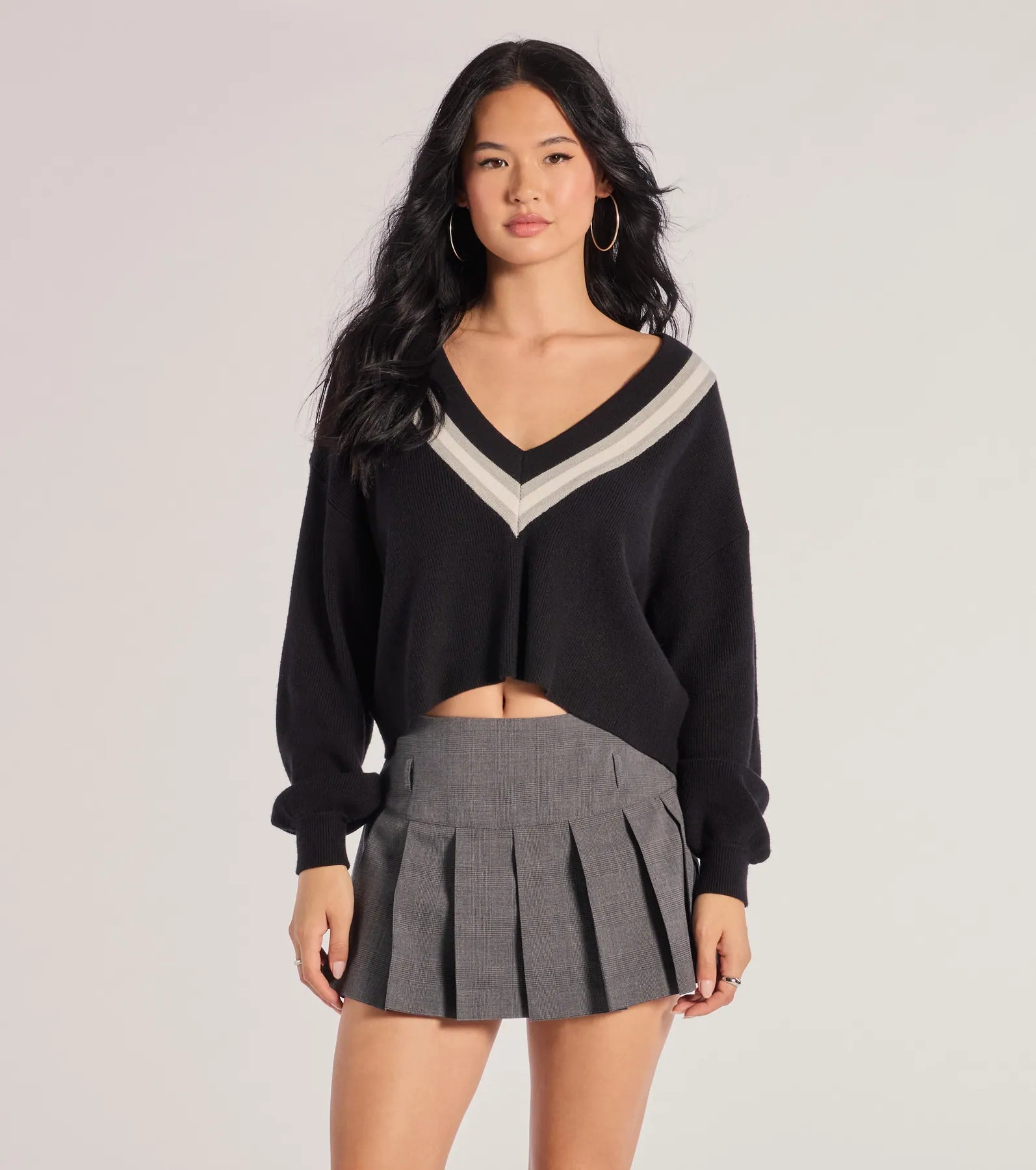 Preppy Impression Striped V-Neck Sweater Crop Top Artistic Women's Avant - 