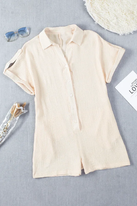 Textured Johnny Collar Short Sleeve Romper Traditional Women's Wool